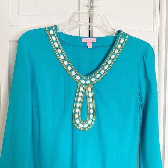 Lilly Pulitzer Violet Tunic Top in Deep Cyan Blue Size S Gold Beaded Embellished - Picture 5 of 9